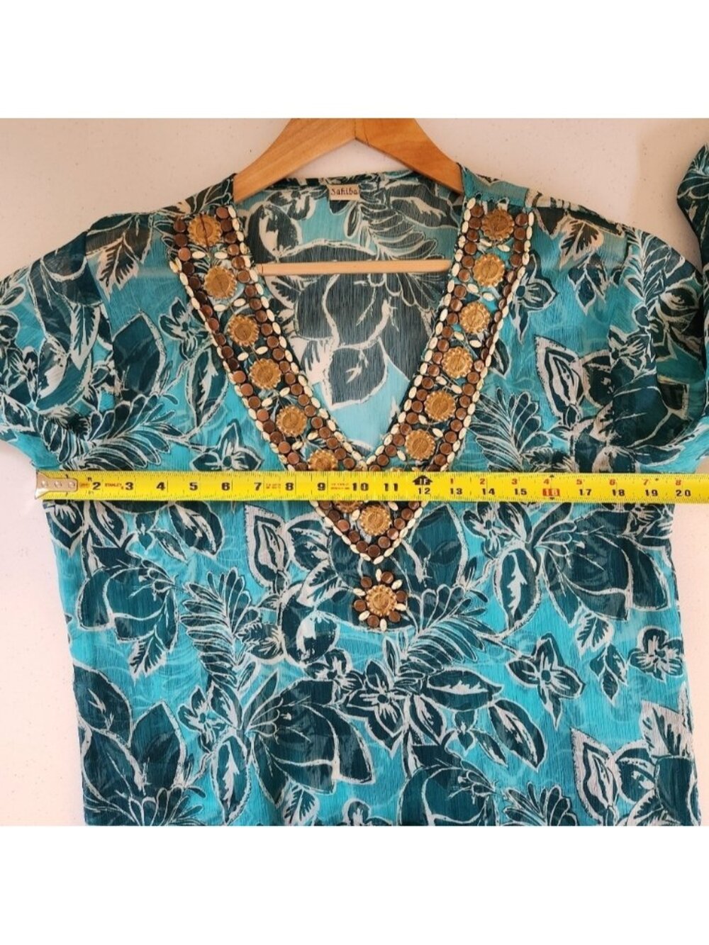 Sahiba Blue Tunic 3/4 Sleeves Swim Cover-Up Top Beaded Boho Bohemian Beach - Picture 9 of 9